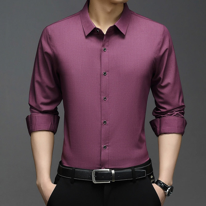 Men's Korean Fashion Solid Square Collar Long Sleeve Casual Shirt ...