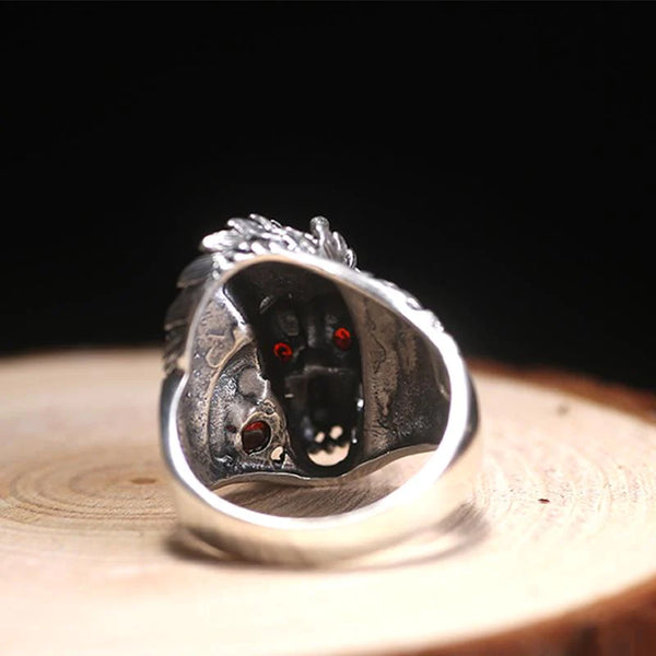 Men's Domineering Solid Sterling Silver Big Dragon Red Zircon Eye Ring - SolaceConnect.com