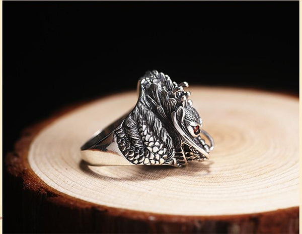 Men's Domineering Solid Sterling Silver Big Dragon Red Zircon Eye Ring - SolaceConnect.com