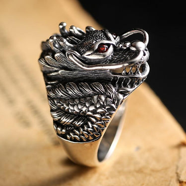 Men's Domineering Solid Sterling Silver Big Dragon Red Zircon Eye Ring  -  GeraldBlack.com