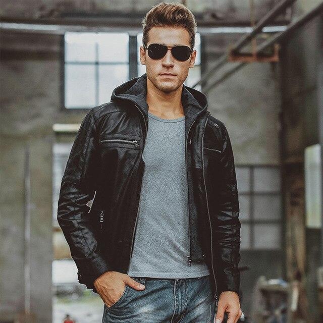 Men's Double Closure Leather Motorcycle Jacket with Removable Hooded Hat - SolaceConnect.com