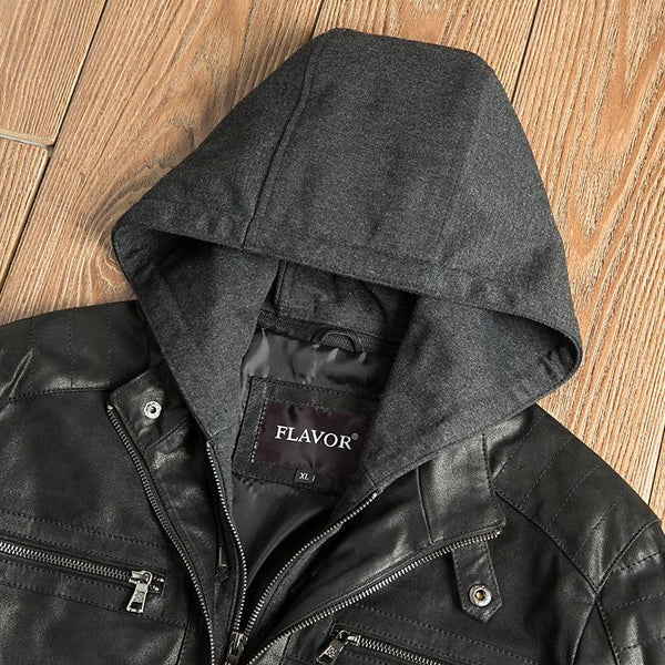 Men's Double Closure Leather Motorcycle Jacket with Removable Hooded Hat - SolaceConnect.com