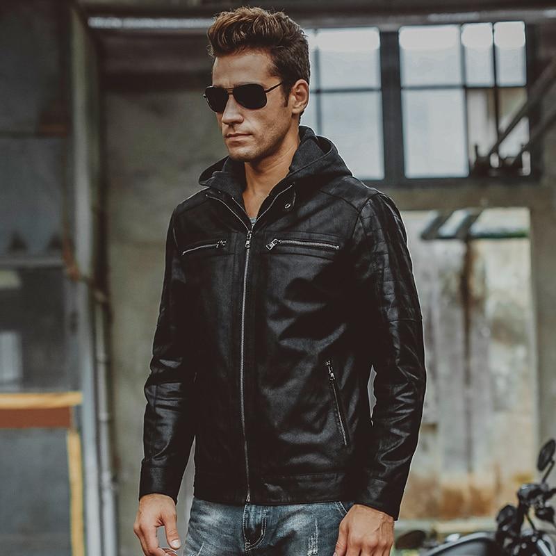 Men's Double Closure Leather Motorcycle Jacket with Removable Hooded Hat  -  GeraldBlack.com