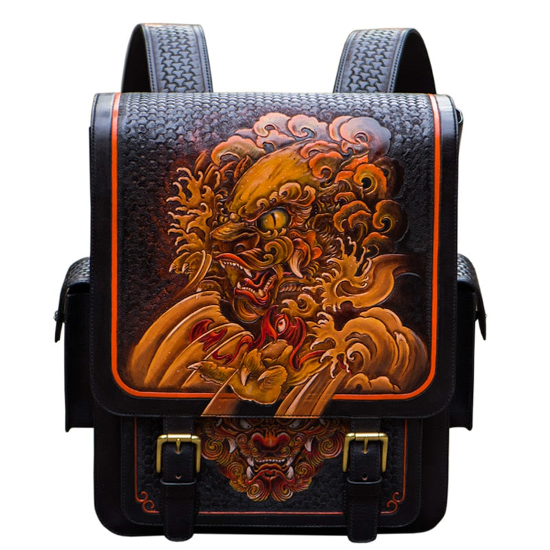 Men's Elaborate Works Handmade Genuine Cow Leather Lion Backpacks  -  GeraldBlack.com