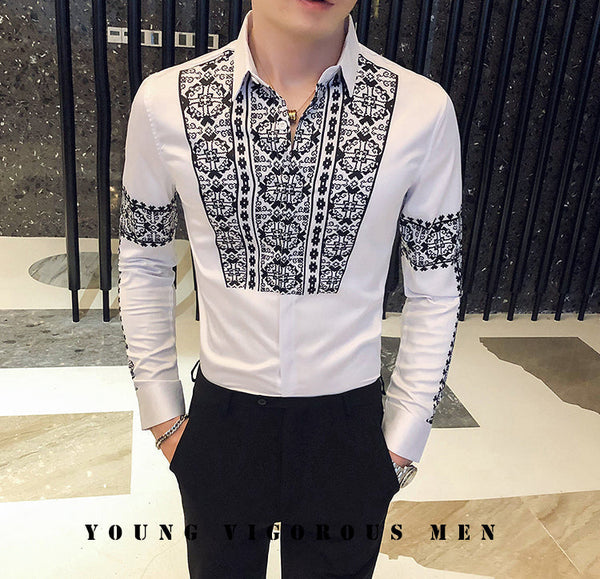 Men's Fashion Casual Slim British Style Printed Pattern Long Sleeve Shirt  -  GeraldBlack.com