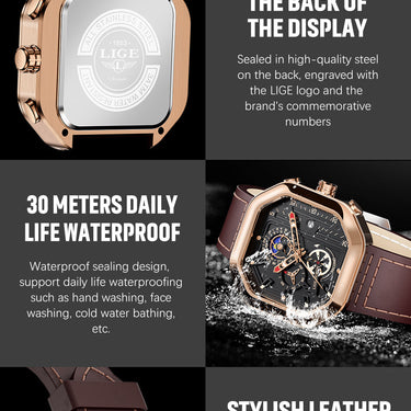 Men's Fashion Chronograph Square Leather Strap Waterproof Watch  -  GeraldBlack.com
