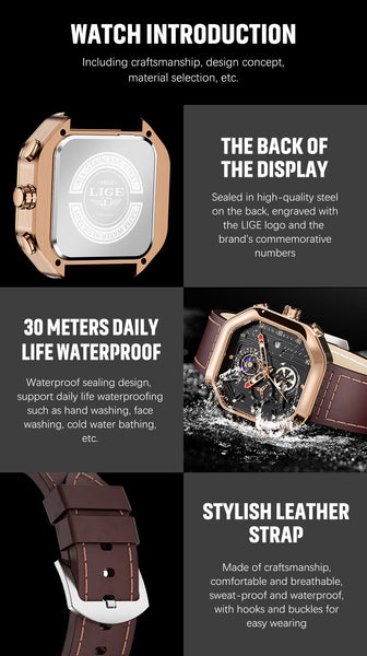 Men's Fashion Chronograph Square Leather Strap Waterproof Watch  -  GeraldBlack.com