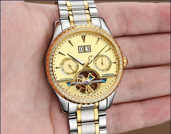 Men's Fashion Fully-Automatic Mechanical Waterproof Luminous Gold Watch - SolaceConnect.com