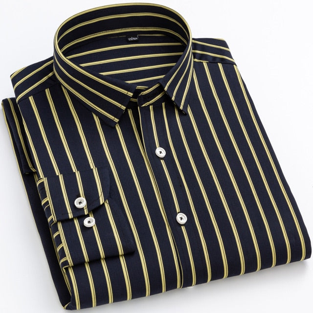 Men's Fashion Long Sleeve Vertical Striped Dress Without Pocket Comfortable Soft Casual Standard-fit Office Shirt  -  GeraldBlack.com