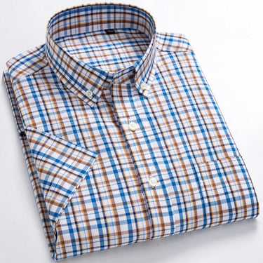 Men's Fashion Plaid Checkered Short Sleeve Cotton Shirt Single Patch Pocket Button-collar Holiday  -  GeraldBlack.com