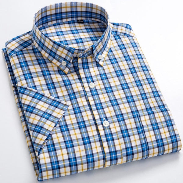 Men's Fashion Plaid Checkered Short Sleeve Cotton Shirt Single Patch Pocket Button-collar Holiday Youthful Casual Gingham Shirts  -  GeraldBlack.com