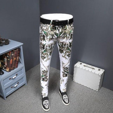 Men's Flower Pattern Print Mid Waist Slim Fit Skinny Pencil Pockets Jeans - SolaceConnect.com