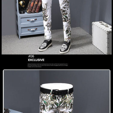 Men's Flower Pattern Print Mid Waist Slim Fit Skinny Pencil Pockets Jeans - SolaceConnect.com