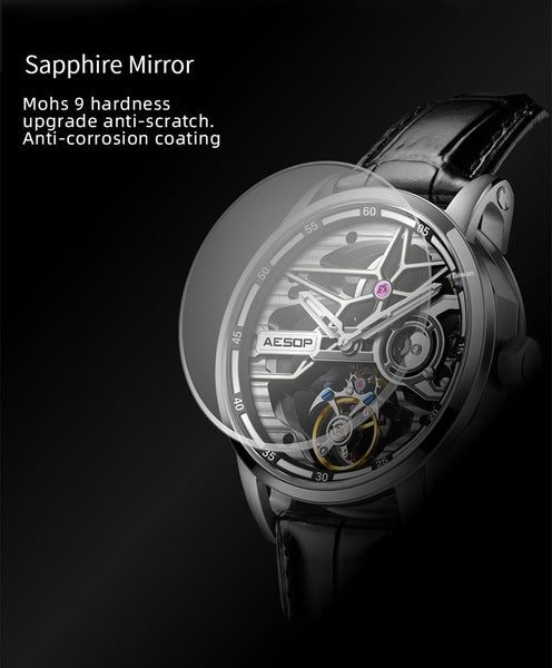 Men's Flywheel Tourbillon Watch Sapphire Luminous Skeleton Manual Round Hollow Mechanical WristWatch Waterproof Clock  -  GeraldBlack.com