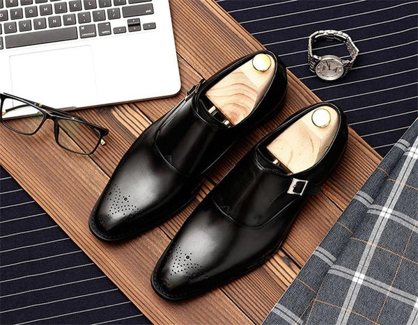 Men's Formal Leather Shoes with Buckle Strap and Pointed Toe - SolaceConnect.com