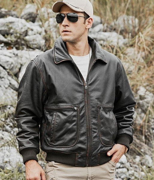 Men's Genuine Cowhide Leather Winter Warm Air Force Bomber Jacket - SolaceConnect.com