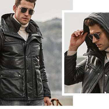 Men's Genuine Lambskin Leather Winter Warm Jacket with Removable Hood - SolaceConnect.com