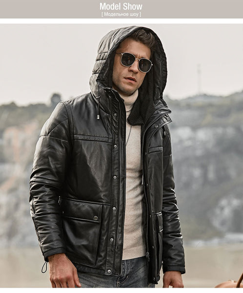 Men's Genuine Lambskin Leather Winter Warm Jacket with Removable Hood - SolaceConnect.com