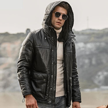 Men's Genuine Lambskin Leather Winter Warm Jacket with Removable Hood  -  GeraldBlack.com