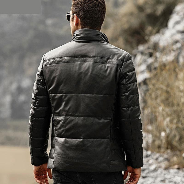 Men's Genuine Lambskin Winter Warm Leather Coat with Removable Collar - SolaceConnect.com