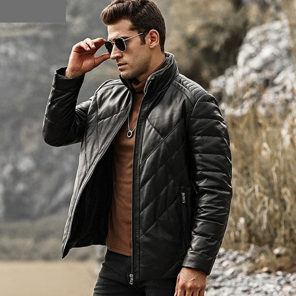 Men's Genuine Lambskin Winter Warm Leather Coat with Removable Collar  -  GeraldBlack.com