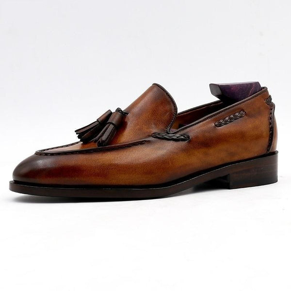 Men's Genuine Leather Blake Patina Brown Tassels Slip-on Shoes - SolaceConnect.com