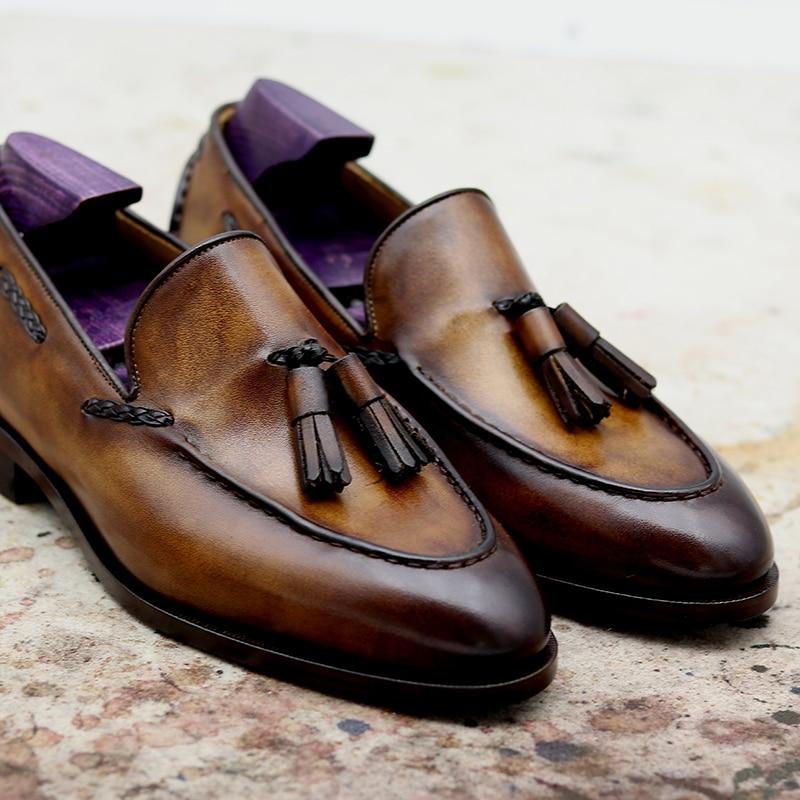 Men's Genuine Leather Blake Patina Brown Tassels Slip-on Shoes  -  GeraldBlack.com