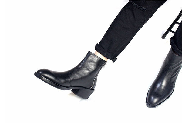 Men's Genuine Leather High Heeled Pointed Toe Zipper Ankle Boots  -  GeraldBlack.com