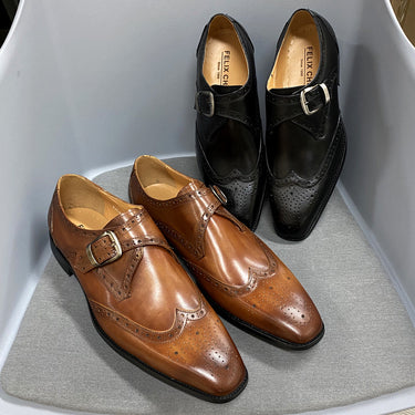 Men's Genuine Leather Italian Wingtip Strap Buckle Business Dress Shoes  -  GeraldBlack.com