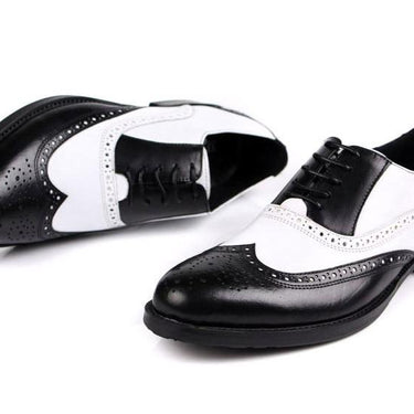 Men's Genuine Leather Lace Up Block Low Heel Wing Tip Black Shoes - SolaceConnect.com