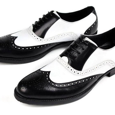 Men's Genuine Leather Lace Up Block Low Heel Wing Tip Black Shoes - SolaceConnect.com
