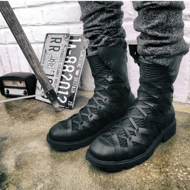 Men's Genuine Leather Mesh Patchwork High-top Ankle Back Zip Boots  -  GeraldBlack.com