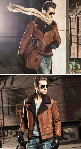 Men's Genuine Leather Motorcycle Bomber Jackets with Faux Fur Shearling - SolaceConnect.com