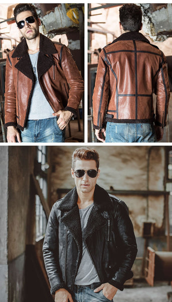Men's Genuine Leather Motorcycle Bomber Jackets with Faux Fur Shearling - SolaceConnect.com