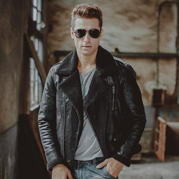 Men's Genuine Leather Motorcycle Bomber Jackets with Faux Fur Shearling  -  GeraldBlack.com