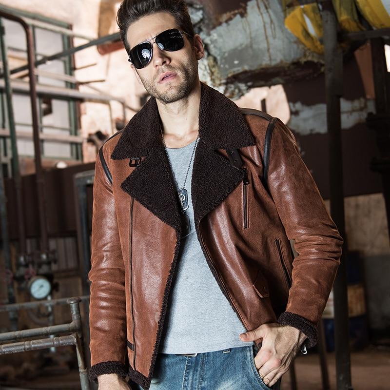Men's Genuine Leather Motorcycle Bomber Jackets with Faux Fur Shearling  -  GeraldBlack.com