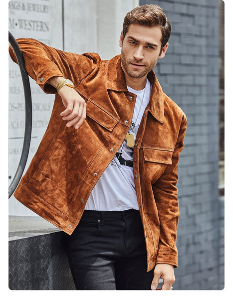 Men's Genuine Leather Pigskin Denim Turn-Down Collar Jacket - SolaceConnect.com