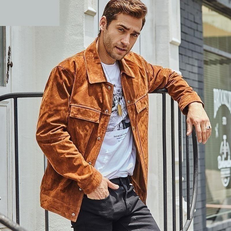 Men's Genuine Leather Pigskin Denim Turn-Down Collar Jacket - SolaceConnect.com
