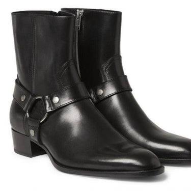 Men's Genuine Leather Pointed Toe Motor Riding Buckle Ankle Boots  -  GeraldBlack.com