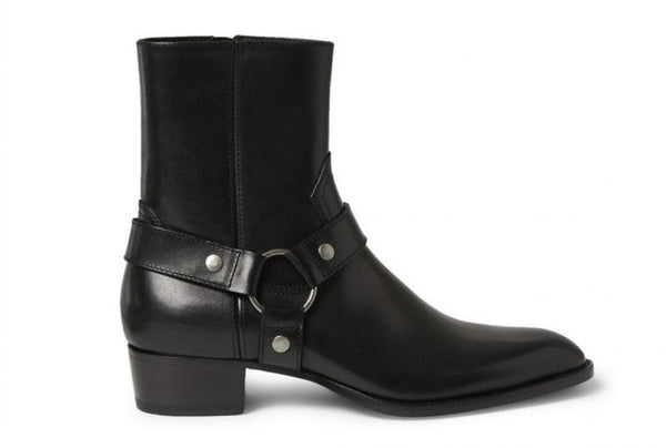 Men's Genuine Leather Pointed Toe Motor Riding Buckle Ankle Boots  -  GeraldBlack.com