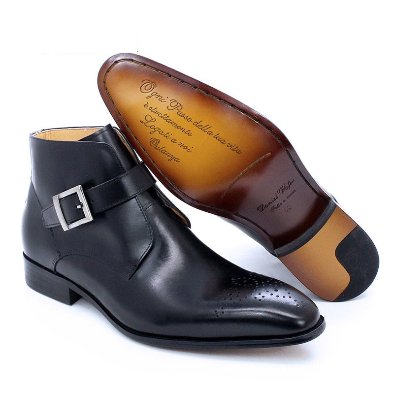 Men's Genuine Leather Pointed Toe Slip On Buckle Strap Basic Ankle Boots  -  GeraldBlack.com