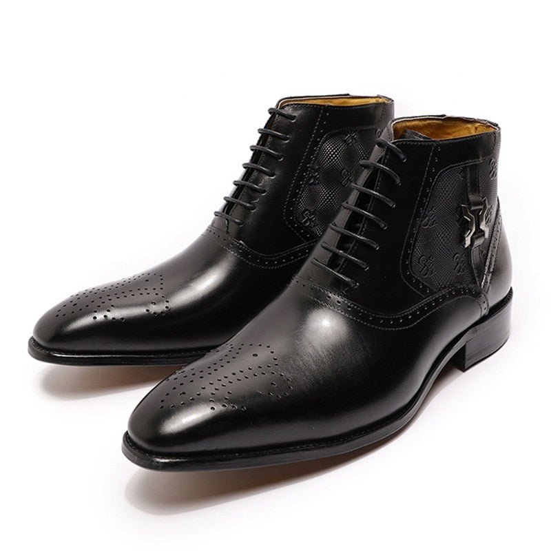Men's Genuine Leather Printed Medallion Lace Up Pointed Toe Ankle Boots  -  GeraldBlack.com