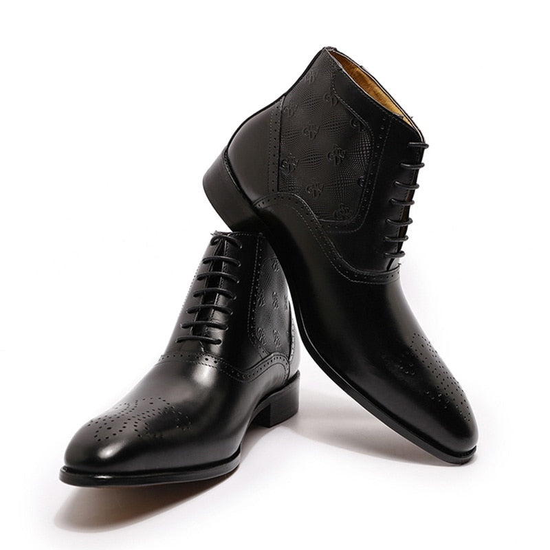 Men's Genuine Leather Printed Medallion Lace Up Pointed Toe Ankle Boots  -  GeraldBlack.com