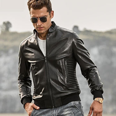 Men's Genuine Leather Slim Fit Motorcycle Jacket with Standing Collar - SolaceConnect.com