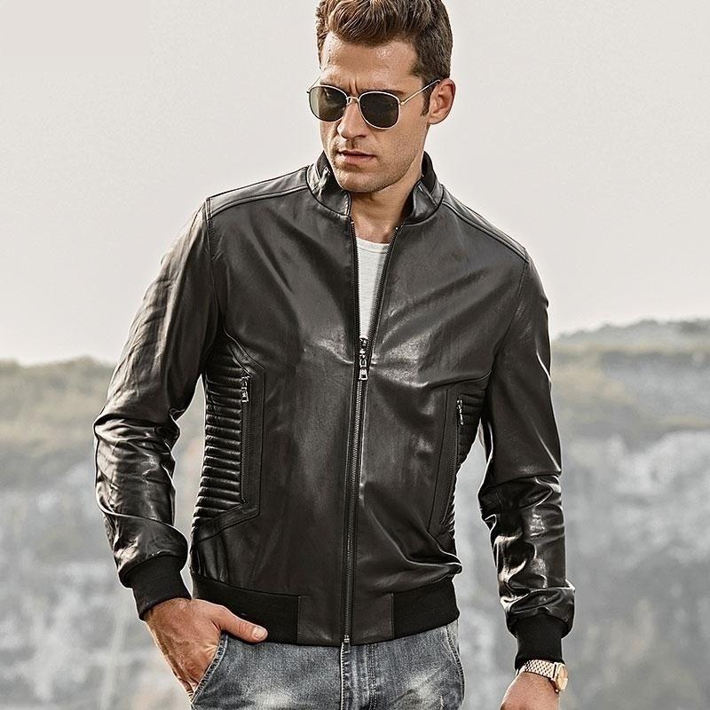 Men's Genuine Leather Slim Fit Motorcycle Jacket with Standing Collar  -  GeraldBlack.com