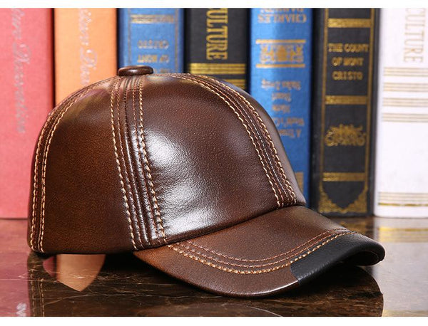Men's Genuine Leather Winter Warm Outdoor Peaked Baseball Cap - SolaceConnect.com