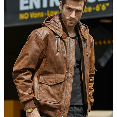 Men's Genuine Leather With A Removable Hood Warmer Brown Jacket - SolaceConnect.com