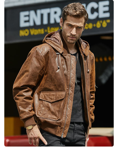 Men's Genuine Leather With A Removable Hood Warmer Brown Jacket - SolaceConnect.com