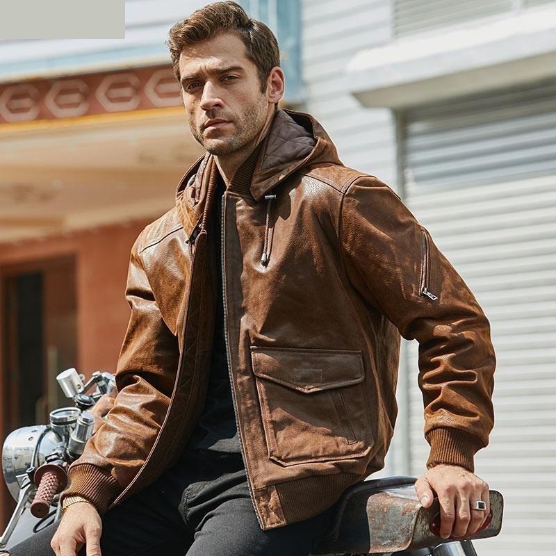 Men's Genuine Leather With A Removable Hood Warmer Brown Jacket  -  GeraldBlack.com