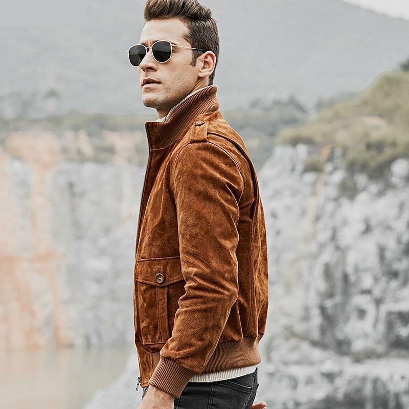 Men's Genuine Pigskin Leather Motorcycle Jacket with Standing Collar - SolaceConnect.com